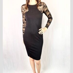 H&M |🖤 Black Lace Long-Sleeve Stretchy Knee-Length Bodycon Dress